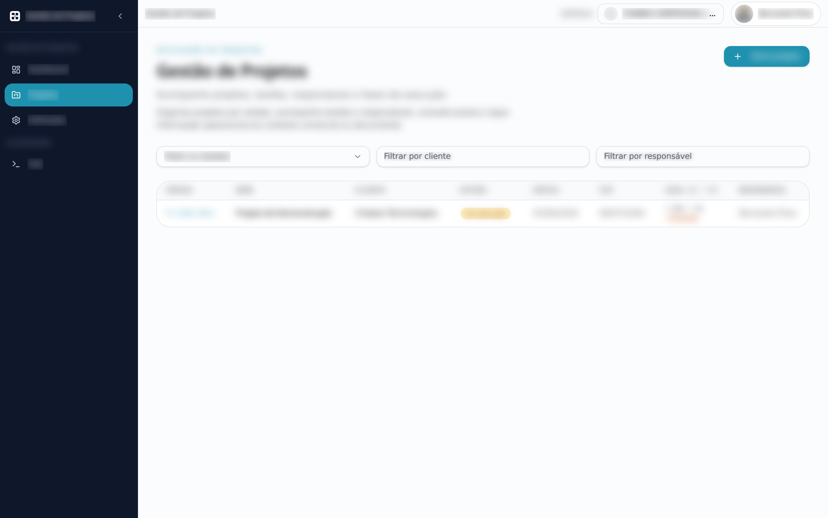 Lista de projetos — dados sensíveis ocultados